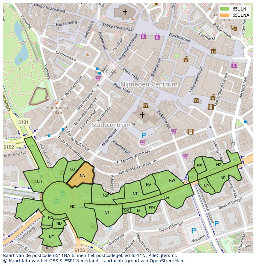 Afbeelding van het postcodegebied 6511 NA op de kaart.