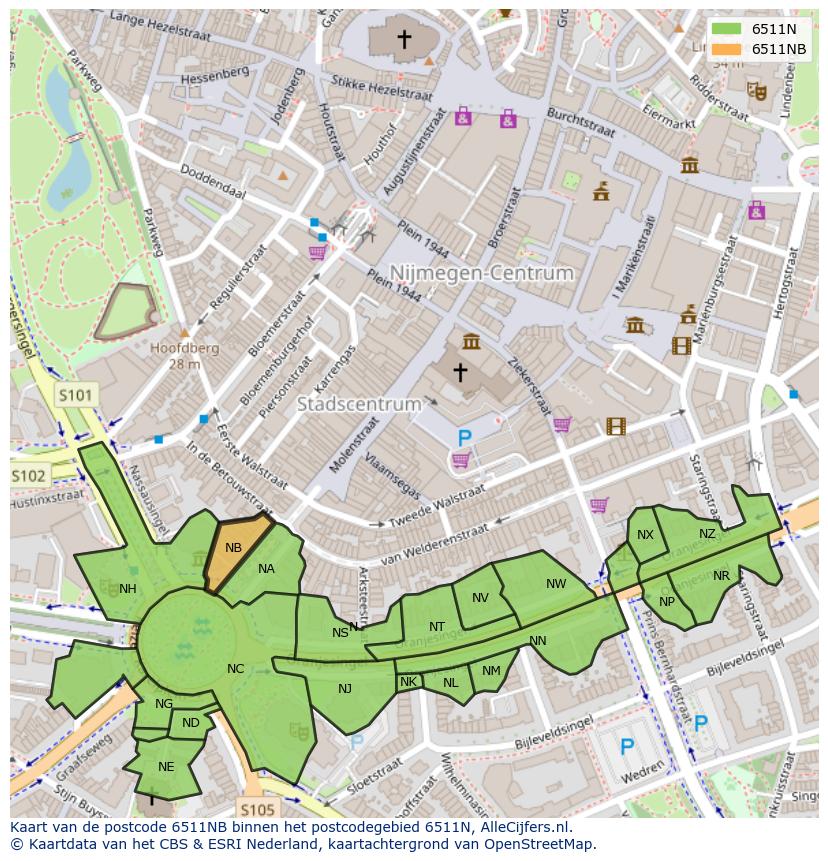 Afbeelding van het postcodegebied 6511 NB op de kaart.