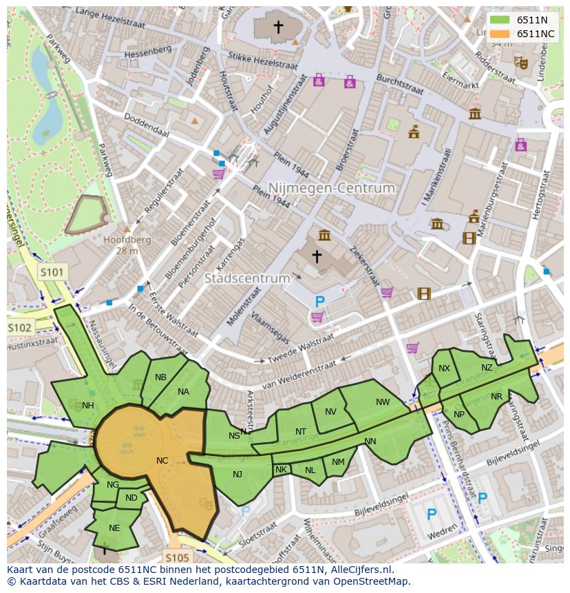 Afbeelding van het postcodegebied 6511 NC op de kaart.