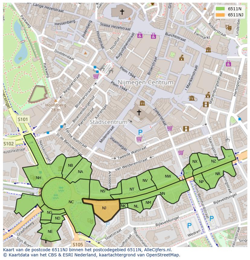 Afbeelding van het postcodegebied 6511 NJ op de kaart.