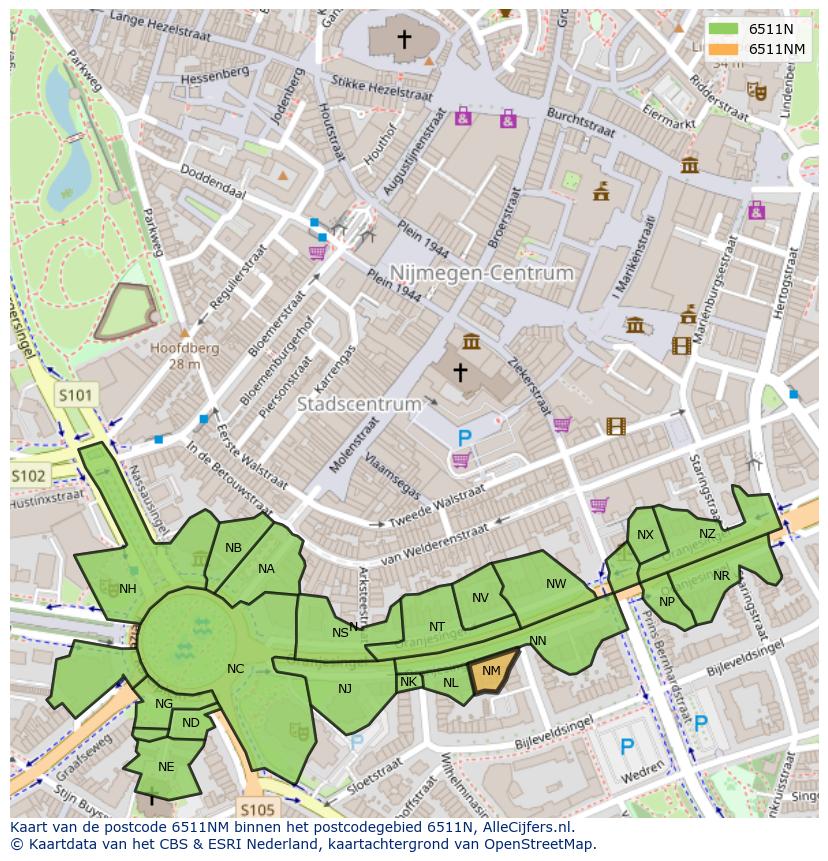 Afbeelding van het postcodegebied 6511 NM op de kaart.