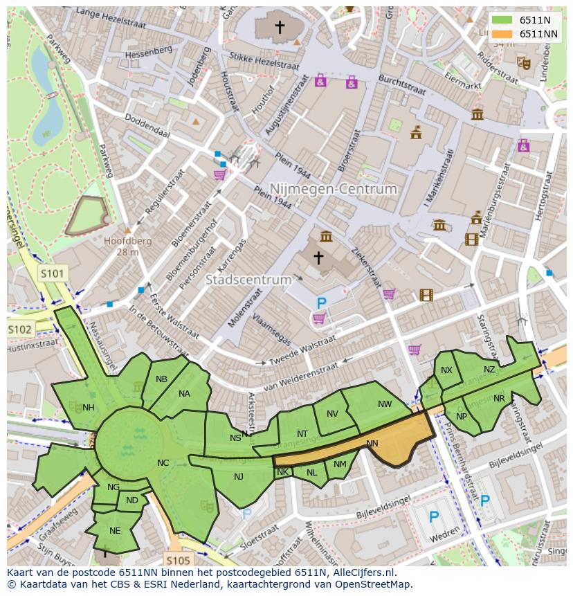 Afbeelding van het postcodegebied 6511 NN op de kaart.
