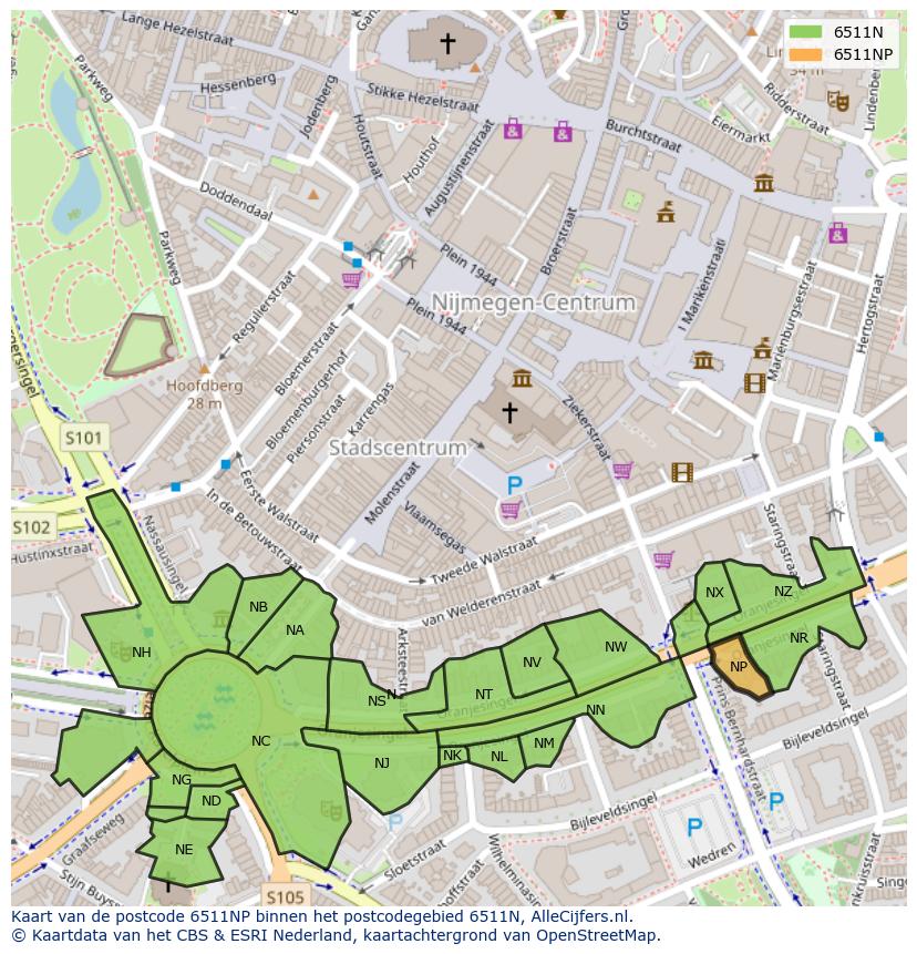 Afbeelding van het postcodegebied 6511 NP op de kaart.