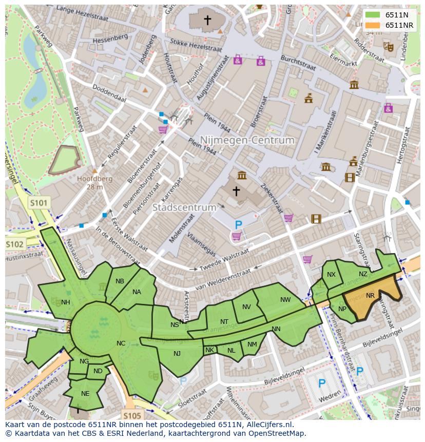 Afbeelding van het postcodegebied 6511 NR op de kaart.
