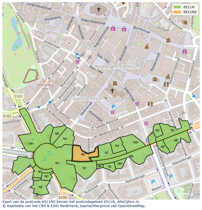 Afbeelding van het postcodegebied 6511 NS op de kaart.