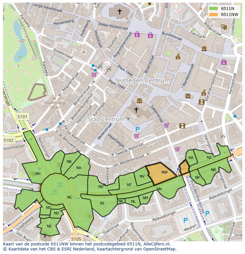 Afbeelding van het postcodegebied 6511 NW op de kaart.