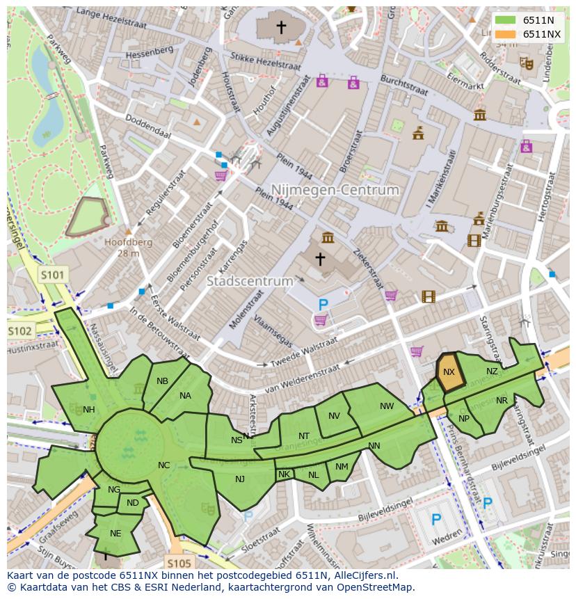 Afbeelding van het postcodegebied 6511 NX op de kaart.