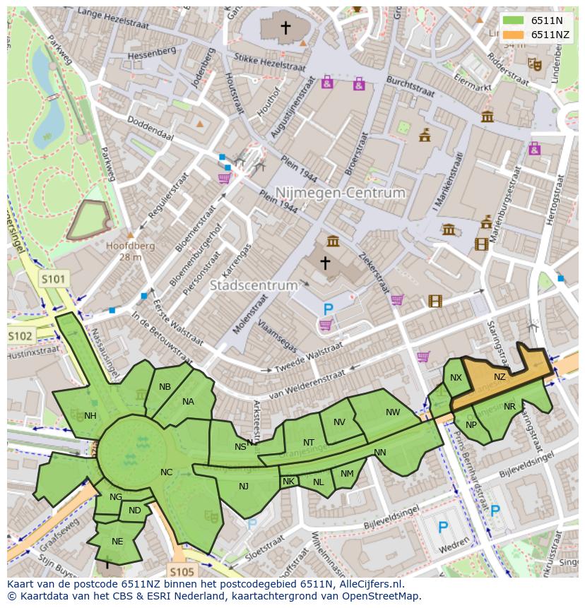 Afbeelding van het postcodegebied 6511 NZ op de kaart.