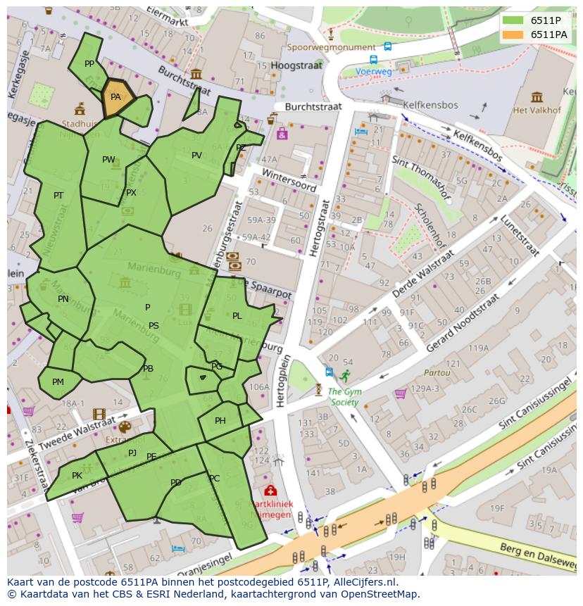 Afbeelding van het postcodegebied 6511 PA op de kaart.
