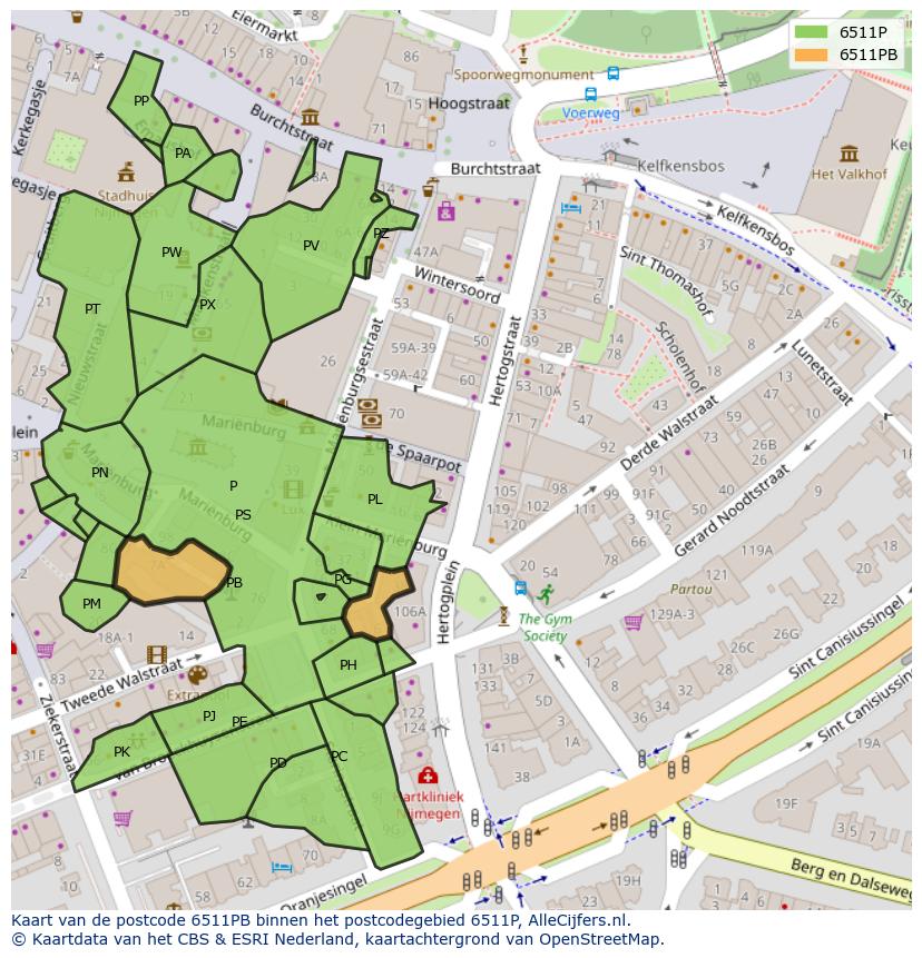 Afbeelding van het postcodegebied 6511 PB op de kaart.