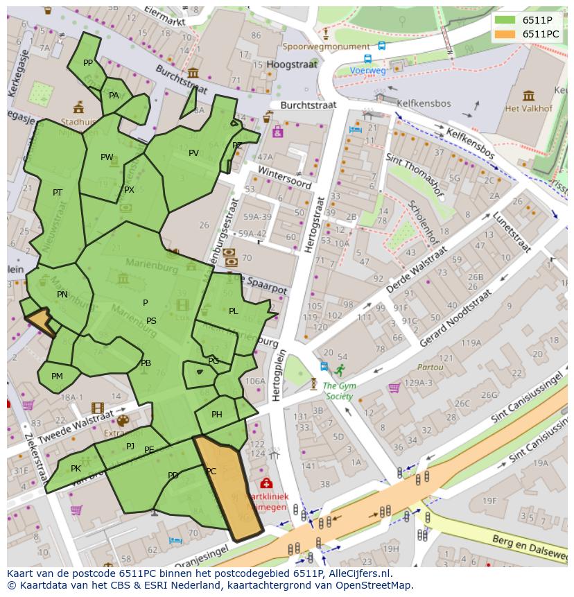 Afbeelding van het postcodegebied 6511 PC op de kaart.
