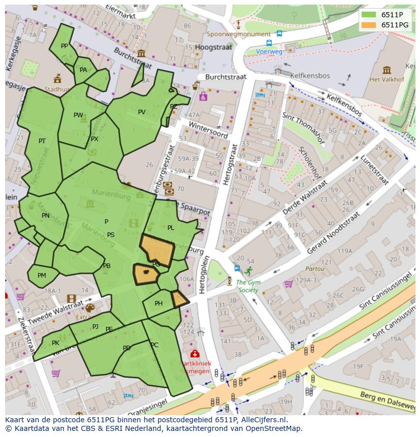 Afbeelding van het postcodegebied 6511 PG op de kaart.