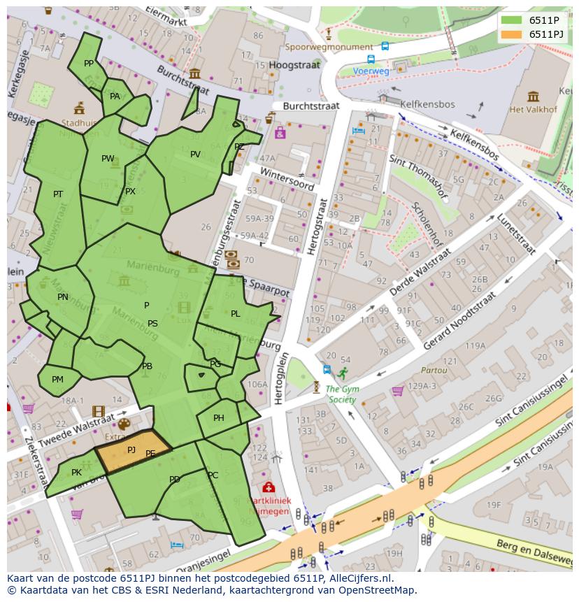 Afbeelding van het postcodegebied 6511 PJ op de kaart.