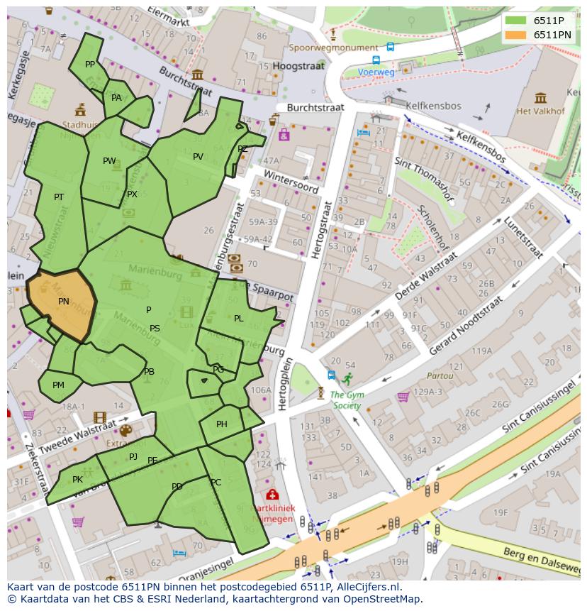 Afbeelding van het postcodegebied 6511 PN op de kaart.