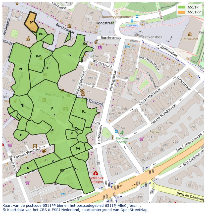 Afbeelding van het postcodegebied 6511 PP op de kaart.