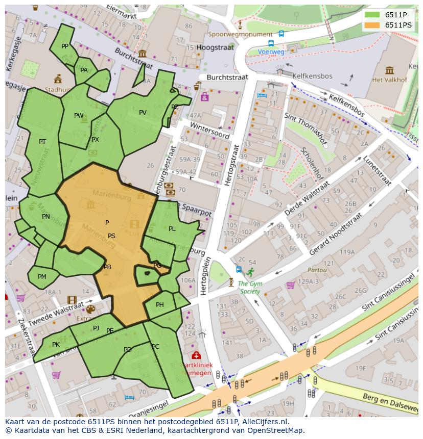 Afbeelding van het postcodegebied 6511 PS op de kaart.