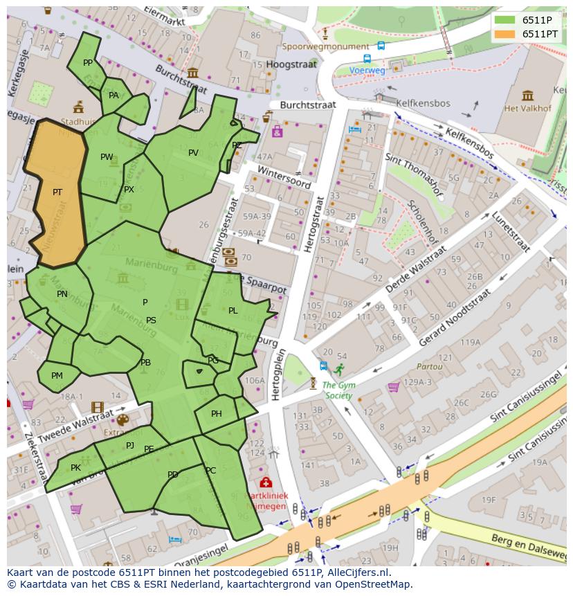 Afbeelding van het postcodegebied 6511 PT op de kaart.