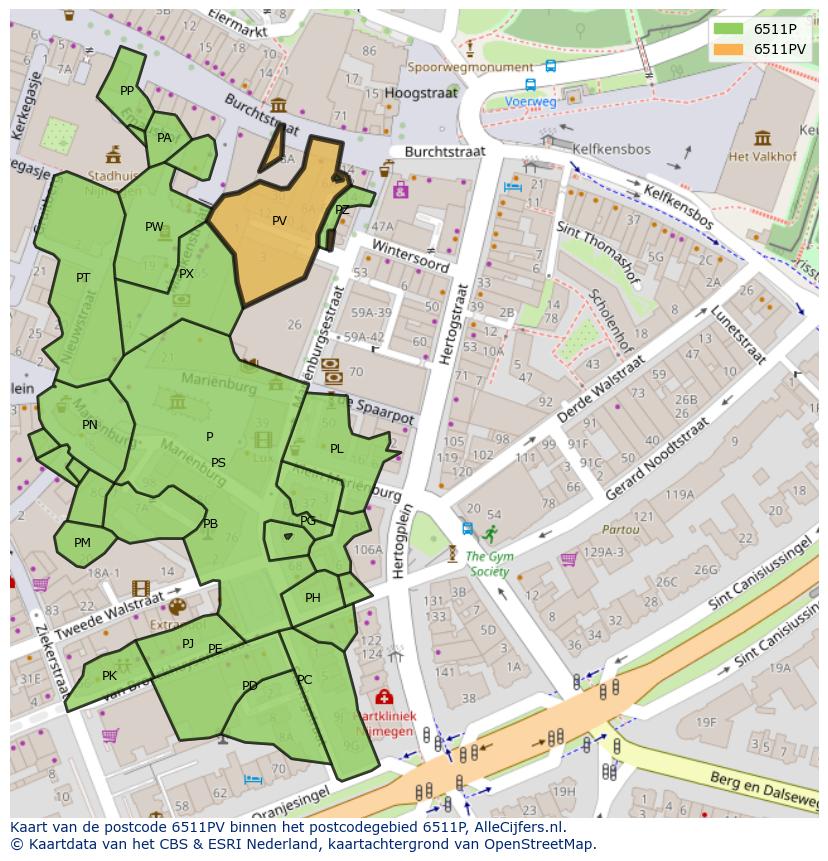 Afbeelding van het postcodegebied 6511 PV op de kaart.