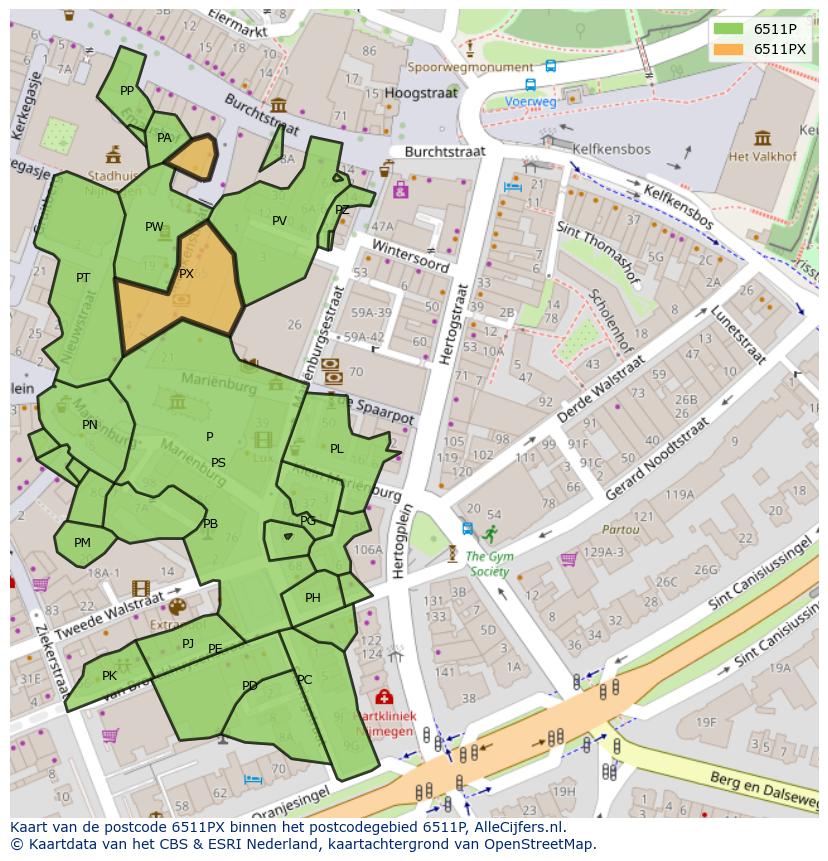 Afbeelding van het postcodegebied 6511 PX op de kaart.