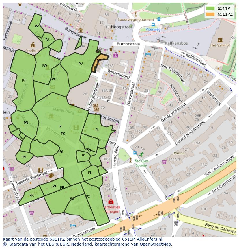 Afbeelding van het postcodegebied 6511 PZ op de kaart.