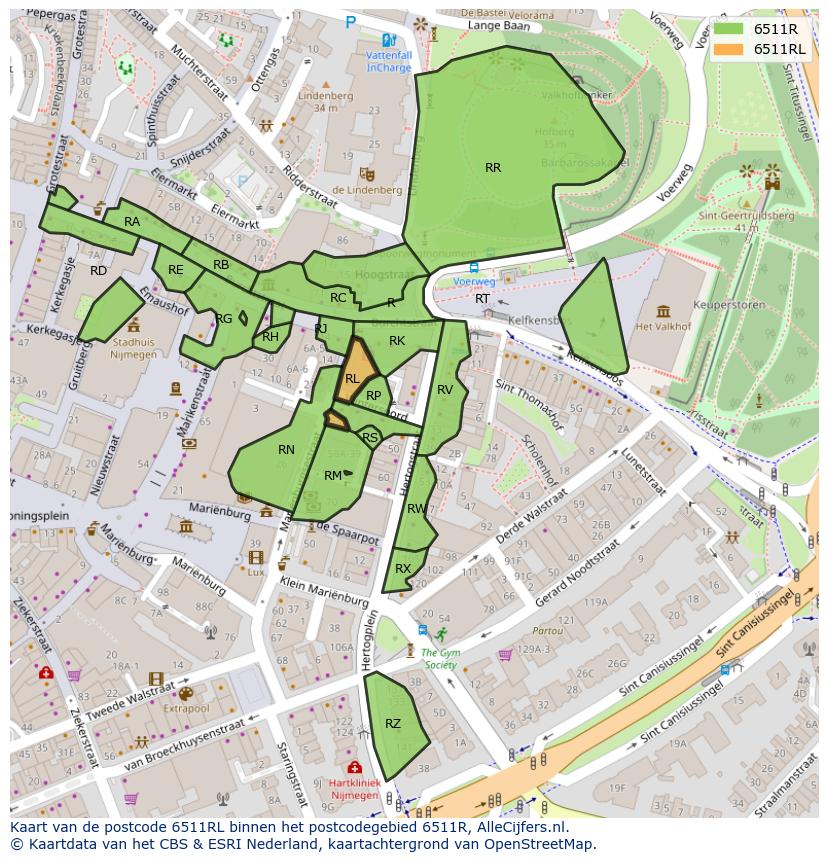 Afbeelding van het postcodegebied 6511 RL op de kaart.