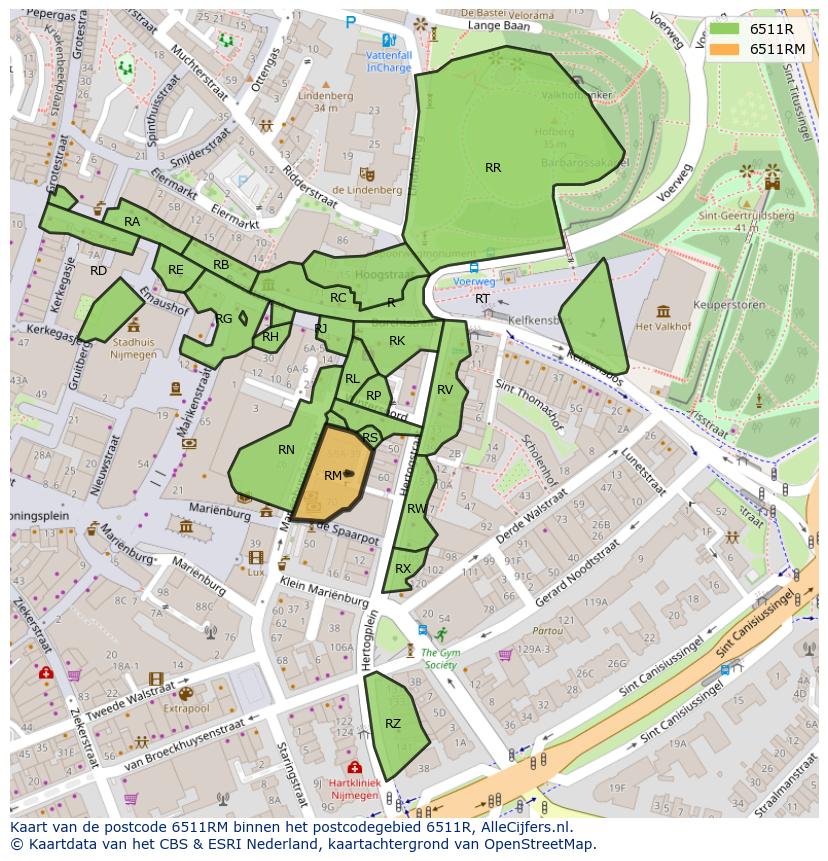 Afbeelding van het postcodegebied 6511 RM op de kaart.