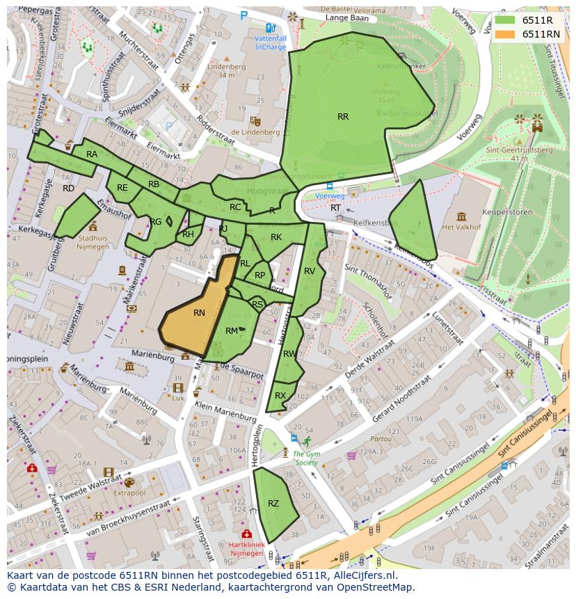 Afbeelding van het postcodegebied 6511 RN op de kaart.