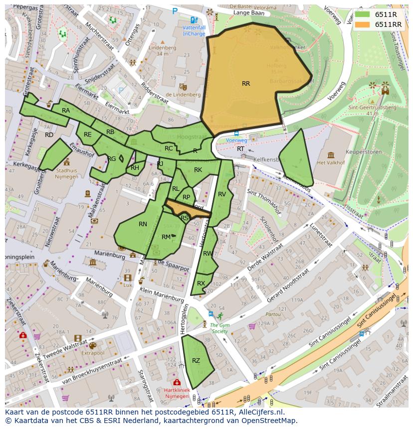 Afbeelding van het postcodegebied 6511 RR op de kaart.