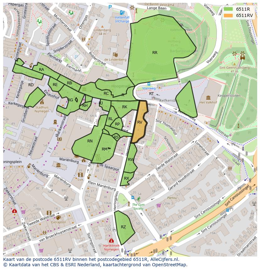 Afbeelding van het postcodegebied 6511 RV op de kaart.