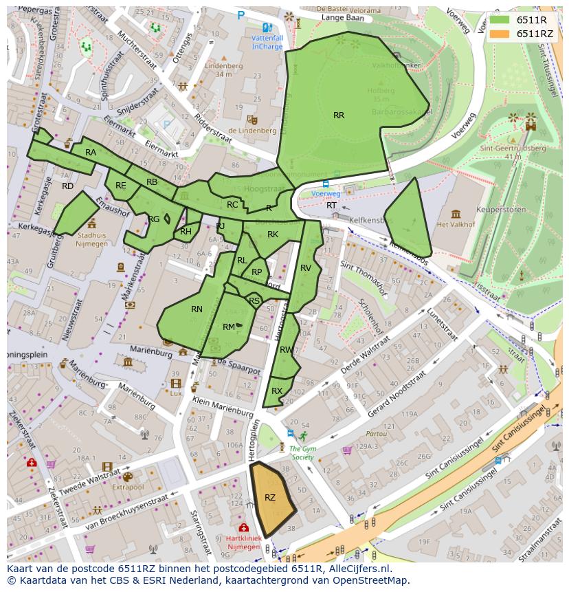 Afbeelding van het postcodegebied 6511 RZ op de kaart.