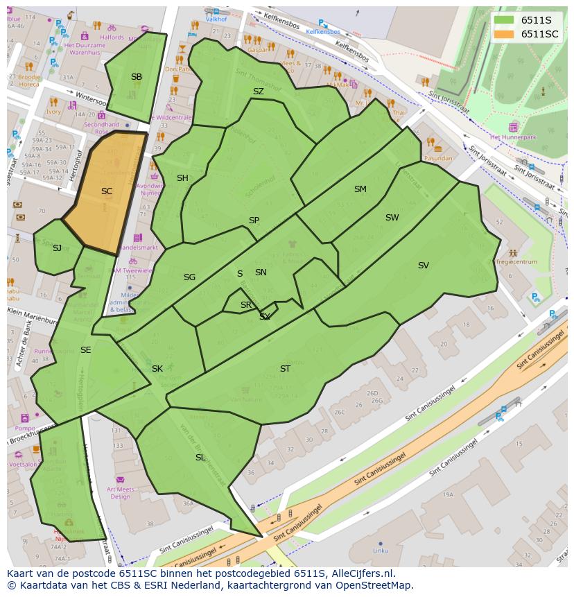 Afbeelding van het postcodegebied 6511 SC op de kaart.