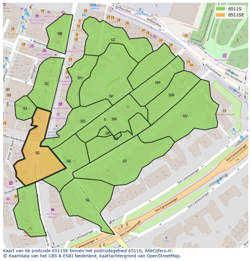 Afbeelding van het postcodegebied 6511 SE op de kaart.