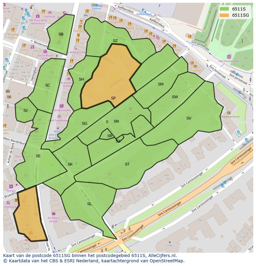 Afbeelding van het postcodegebied 6511 SG op de kaart.