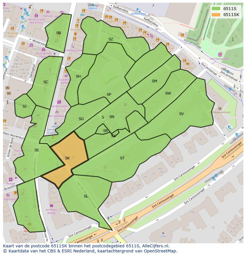 Afbeelding van het postcodegebied 6511 SK op de kaart.