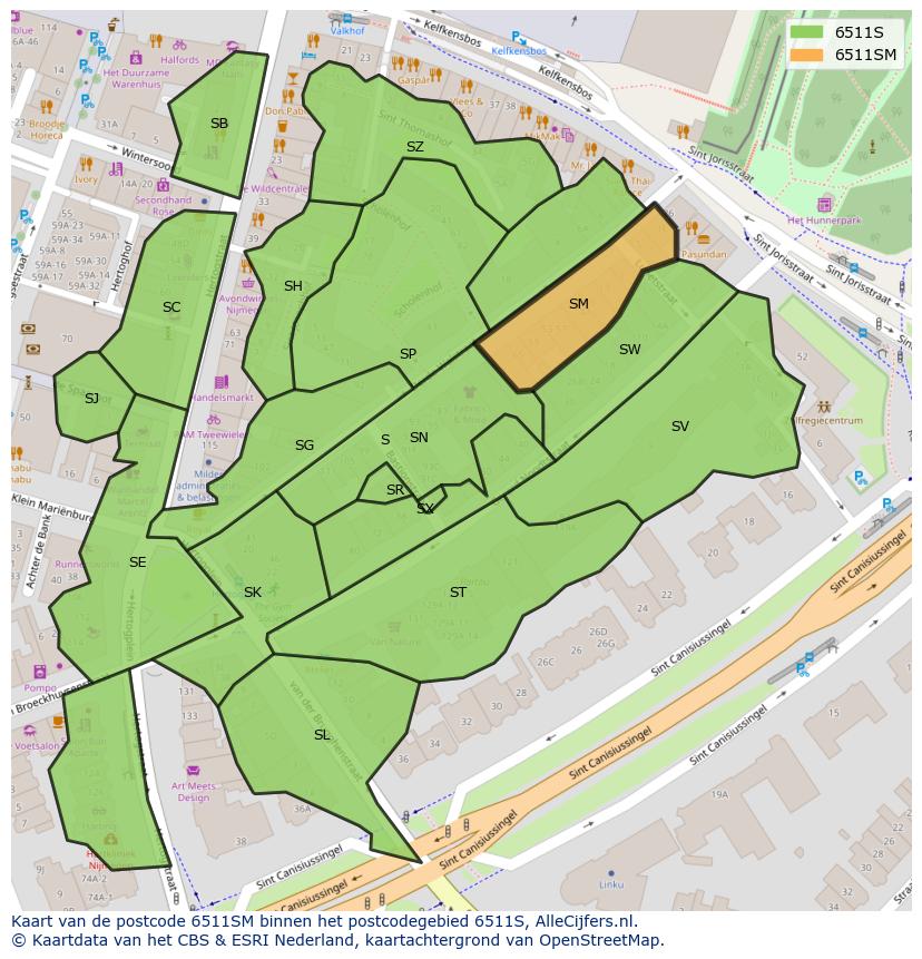 Afbeelding van het postcodegebied 6511 SM op de kaart.
