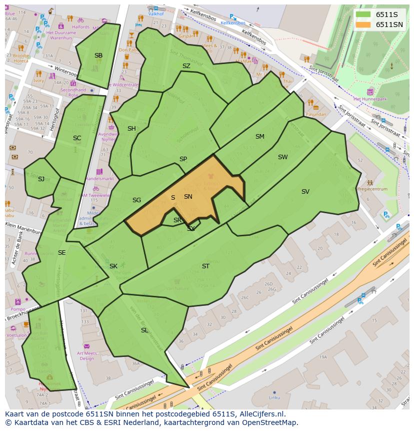 Afbeelding van het postcodegebied 6511 SN op de kaart.
