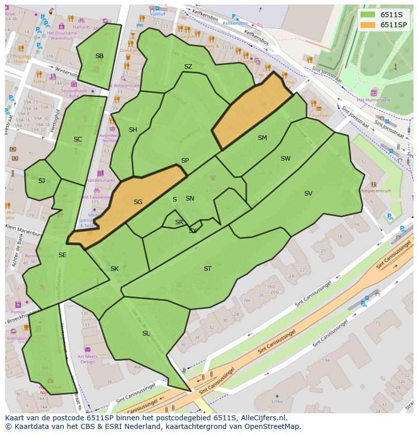Afbeelding van het postcodegebied 6511 SP op de kaart.