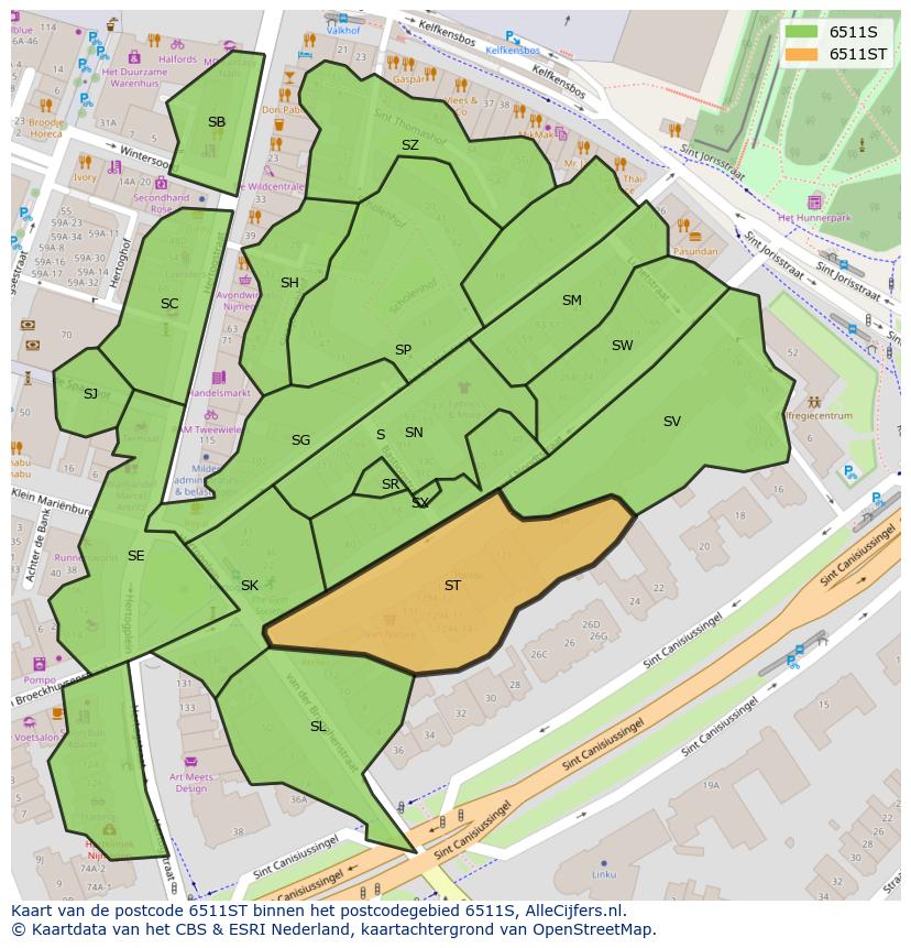 Afbeelding van het postcodegebied 6511 ST op de kaart.