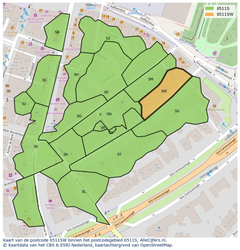Afbeelding van het postcodegebied 6511 SW op de kaart.