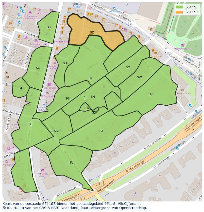 Afbeelding van het postcodegebied 6511 SZ op de kaart.
