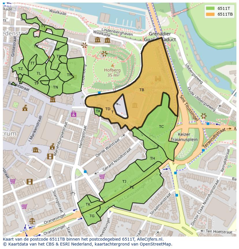 Afbeelding van het postcodegebied 6511 TB op de kaart.