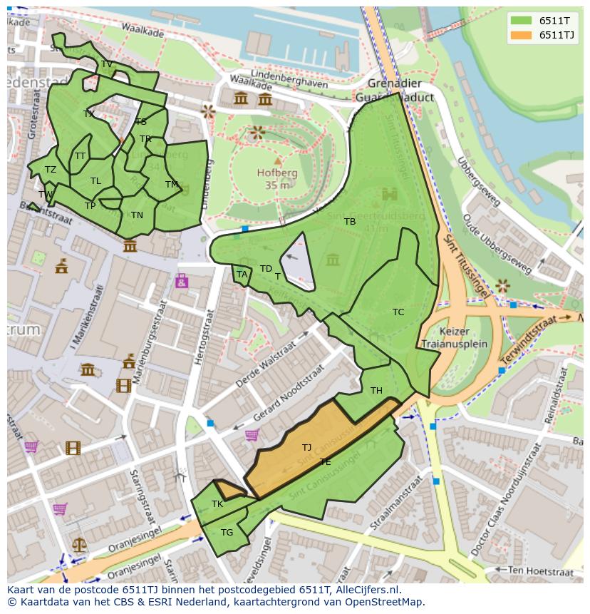 Afbeelding van het postcodegebied 6511 TJ op de kaart.