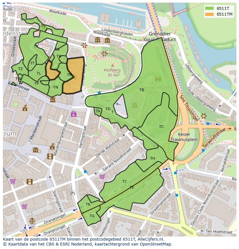 Afbeelding van het postcodegebied 6511 TM op de kaart.