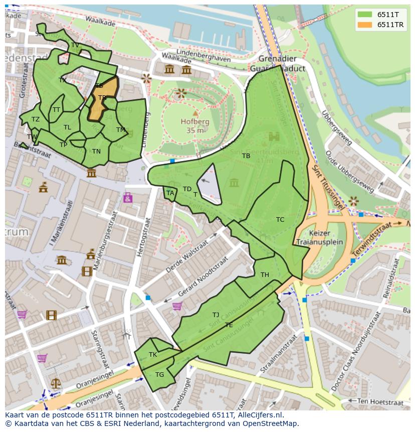 Afbeelding van het postcodegebied 6511 TR op de kaart.