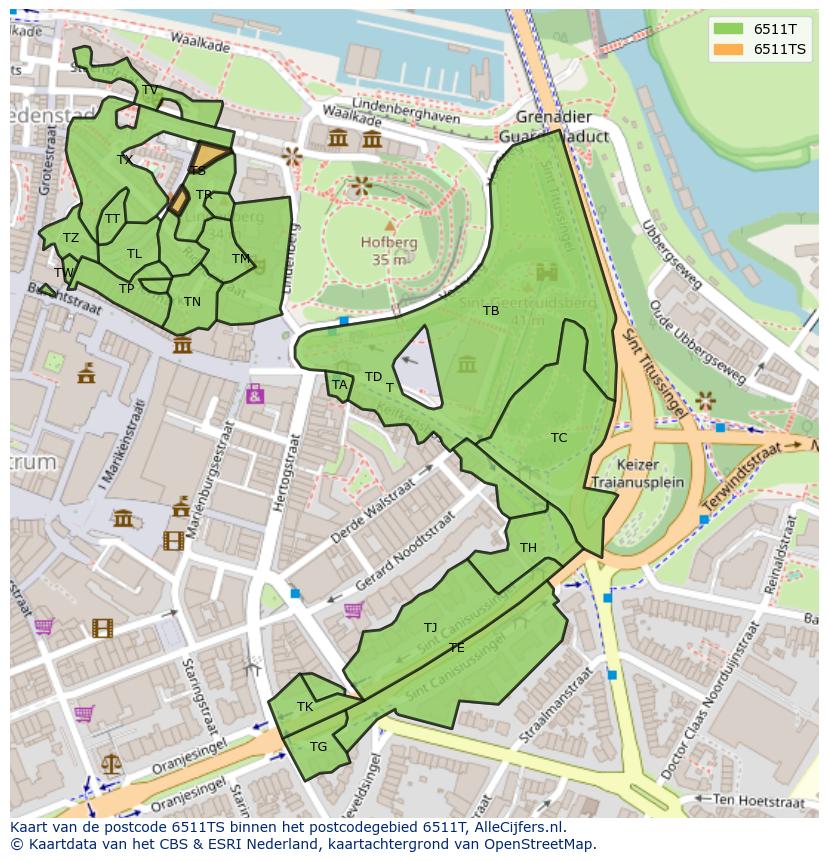 Afbeelding van het postcodegebied 6511 TS op de kaart.