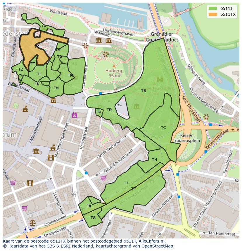 Afbeelding van het postcodegebied 6511 TX op de kaart.