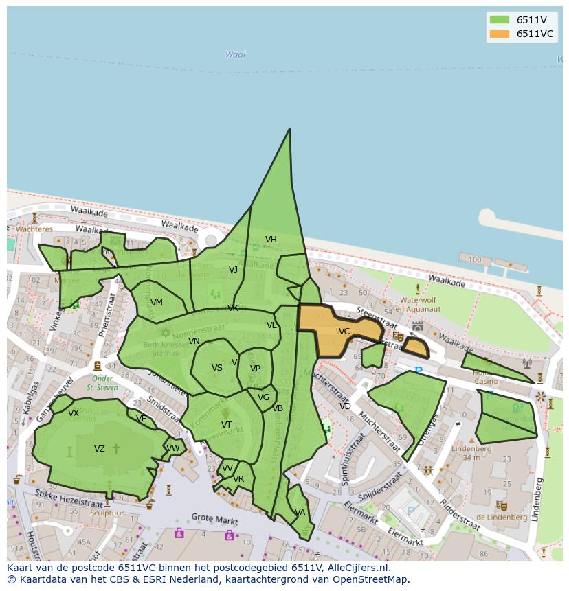 Afbeelding van het postcodegebied 6511 VC op de kaart.