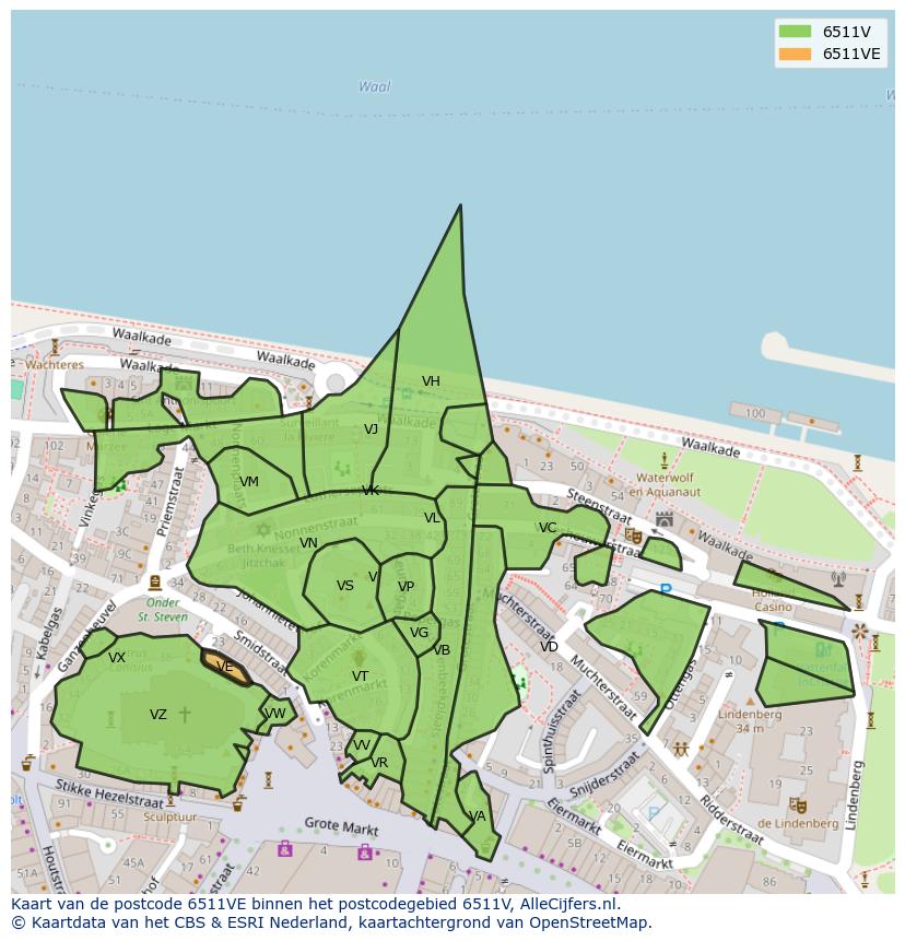 Afbeelding van het postcodegebied 6511 VE op de kaart.