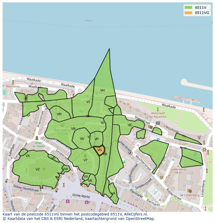 Afbeelding van het postcodegebied 6511 VG op de kaart.