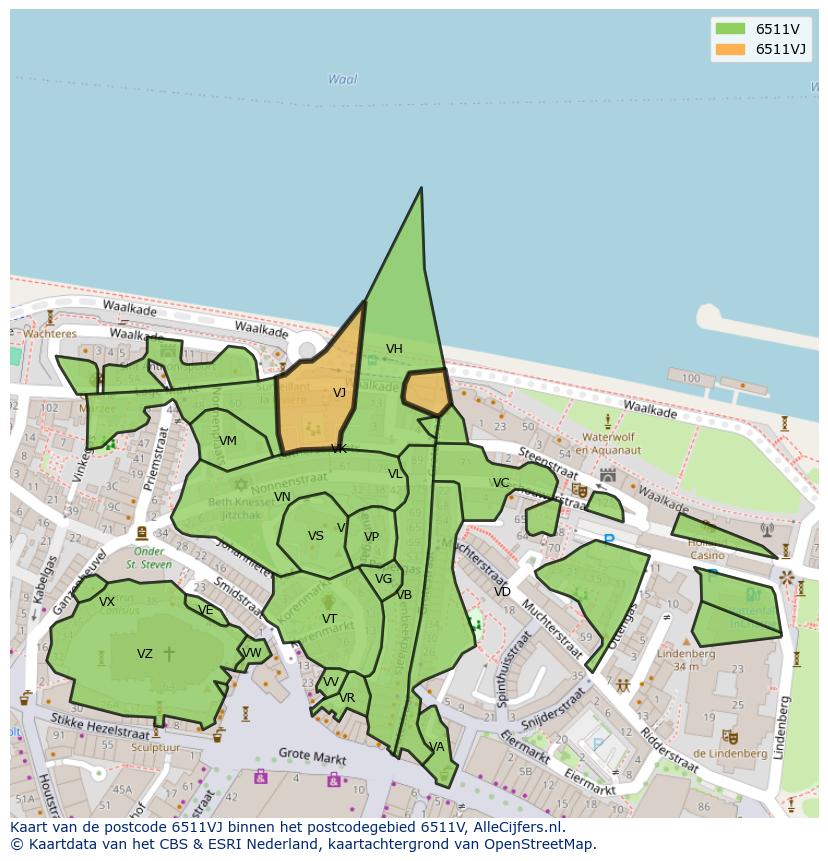 Afbeelding van het postcodegebied 6511 VJ op de kaart.